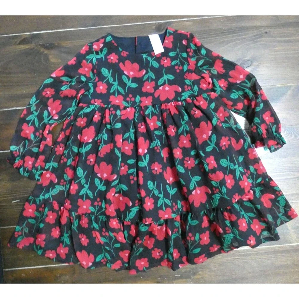 Carters Girls 3T NWT Red Black Floral Dress Tulle Sheer Long Sleeve Fall Winter